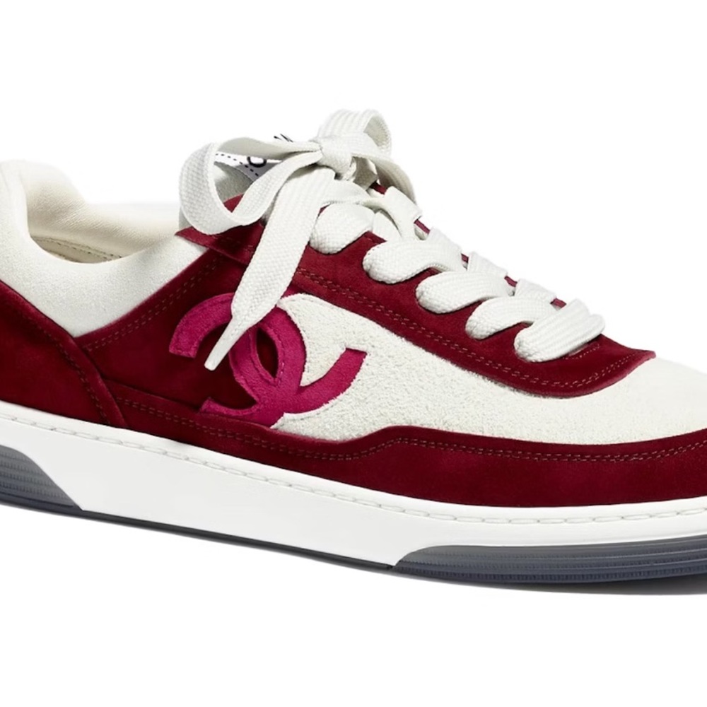 Chanel 23P Burgundy Suede White CC Logo Flat Lace Up Runner Trainer Sneaker